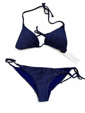 PHAX Navy Shimmer Triangle Bikini Set Tie Side Cheeky Bottom Sparkle Swim NWT